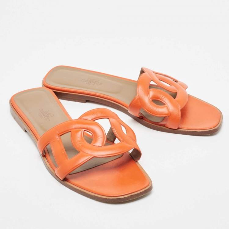 Pre Owned Hermes Orange Leather Omaha Flat Slides Size 39