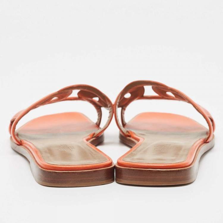 Pre Owned Hermes Orange Leather Omaha Flat Slides Size 39