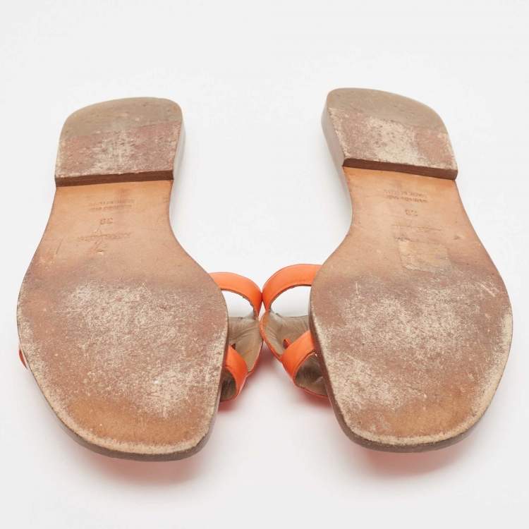 Pre Owned Hermes Orange Leather Omaha Flat Slides Size 39