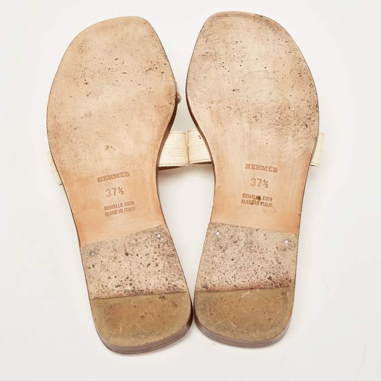 Pre Owned Hermes Cream Leather Oran Flat Slides Size 37.5