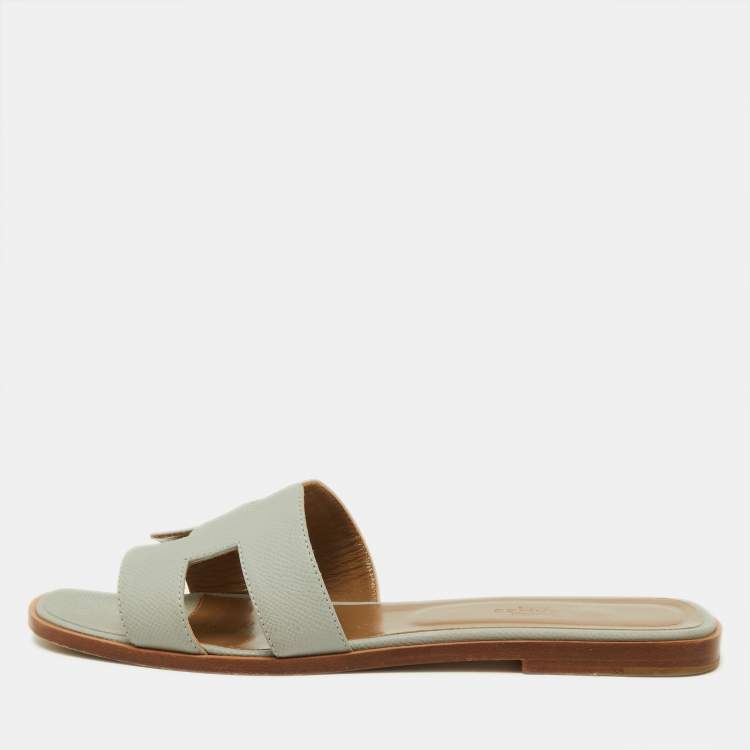 Pre Owned Hermes Grey Leather Oran Flat Slides Size 41