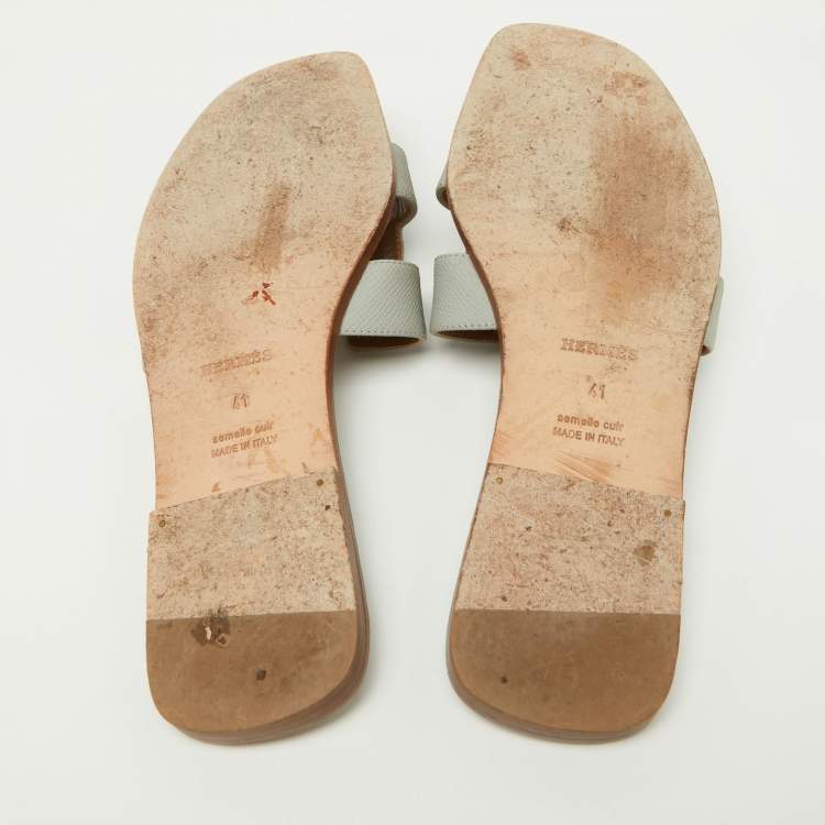 Pre Owned Hermes Grey Leather Oran Flat Slides Size 41