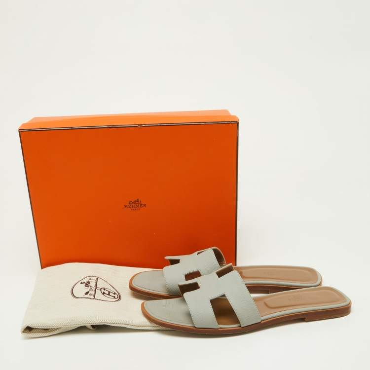 Pre Owned Hermes Grey Leather Oran Flat Slides Size 41