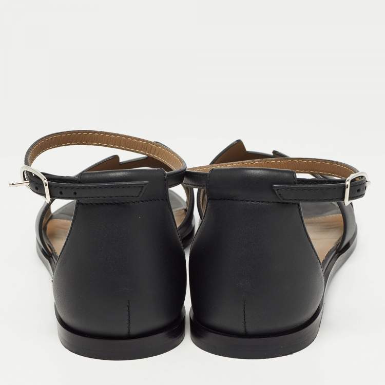 Pre Owned Hermes Black Leather Santorini Flat Sandals Size 38