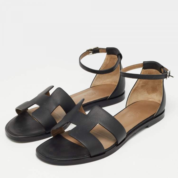 Pre Owned Hermes Black Leather Santorini Flat Sandals Size 38