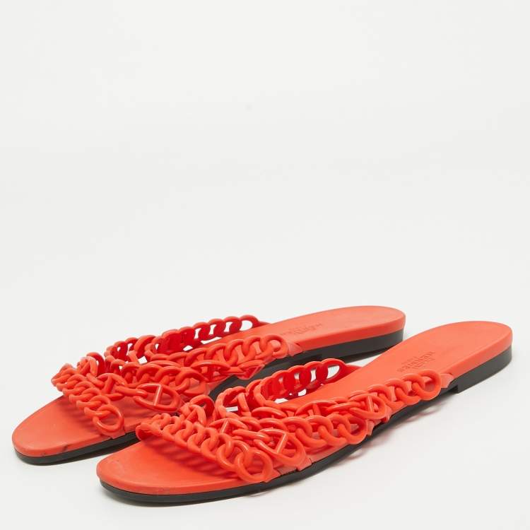 Pre Owned Hermes Orange Rubber Chaine D'ancre Flat Slides Size 41