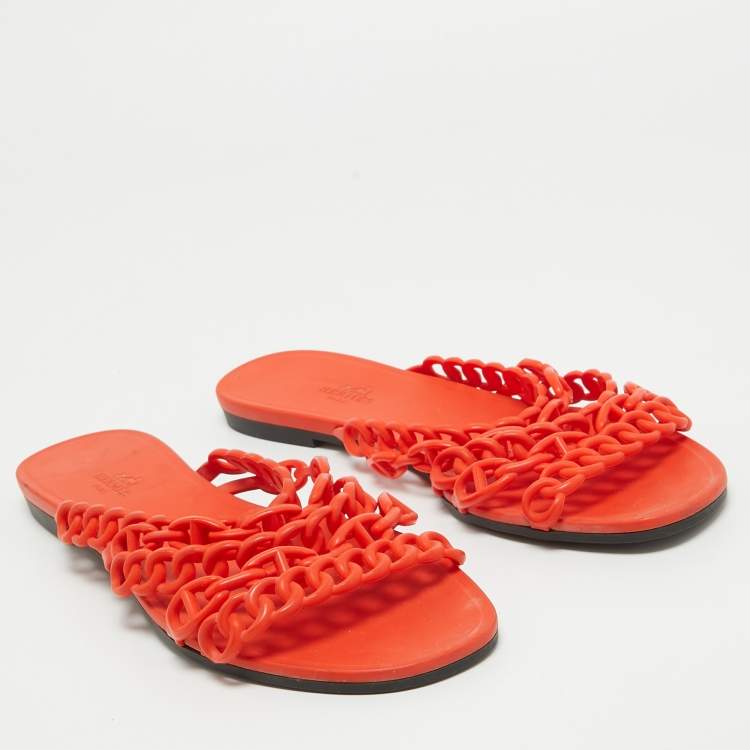 Pre Owned Hermes Orange Rubber Chaine D'ancre Flat Slides Size 41