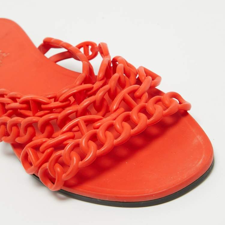 Pre Owned Hermes Orange Rubber Chaine D'ancre Flat Slides Size 41