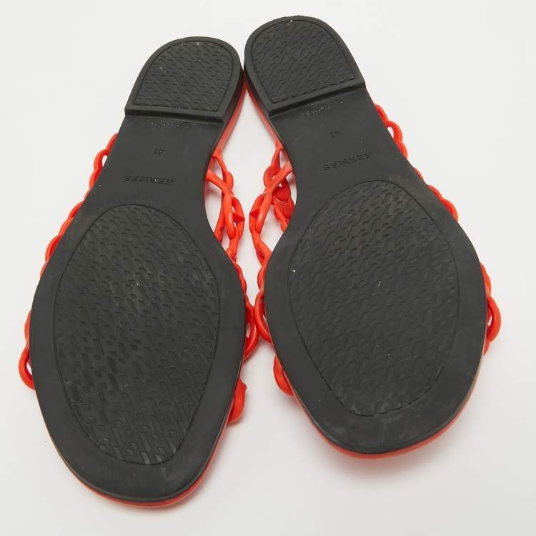 Pre Owned Hermes Orange Rubber Chaine D'ancre Flat Slides Size 41