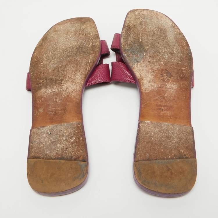 Pre Owned Hermes Burgundy Leather Oran Slide Flats Size 40 