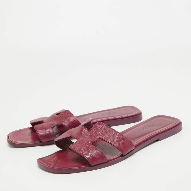 Pre Owned Hermes Burgundy Leather Oran Slide Flats Size 40 