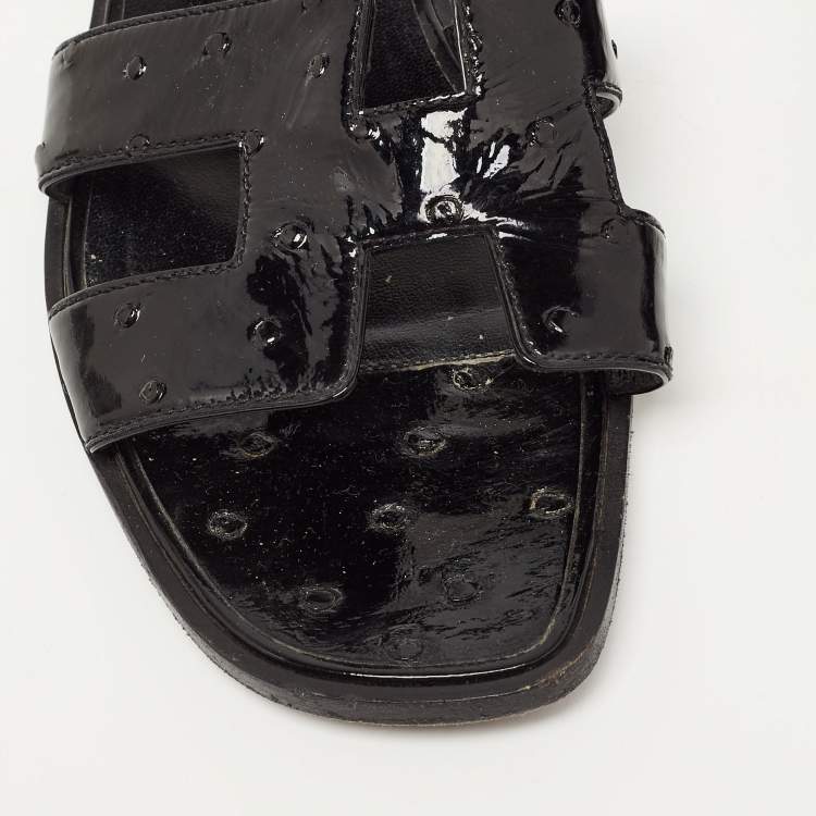 Pre Owned Hermes Black Ostrich Oran Slide Flats Size 39
