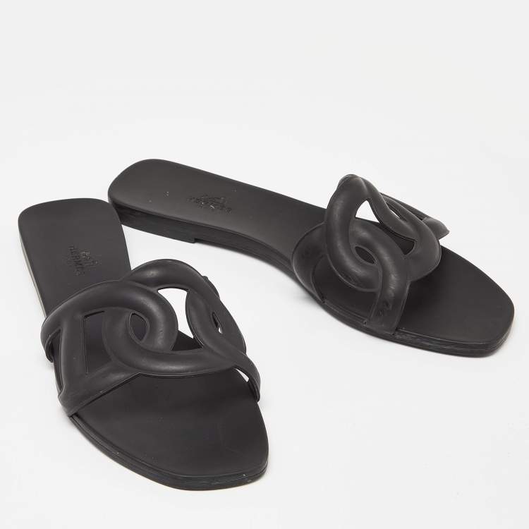 Pre Owned Hermes Black Rubber Aloha Flat Slides Size 40