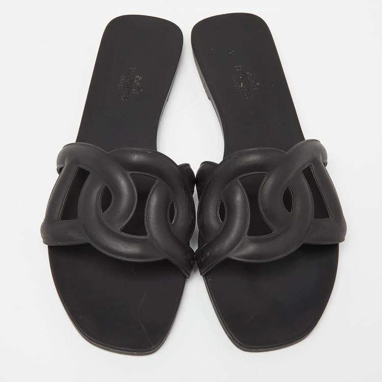 Pre Owned Hermes Black Rubber Aloha Flat Slides Size 40