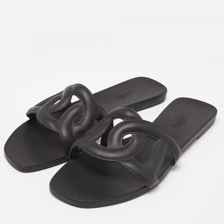 Pre Owned Hermes Black Rubber Aloha Flat Slides Size 40