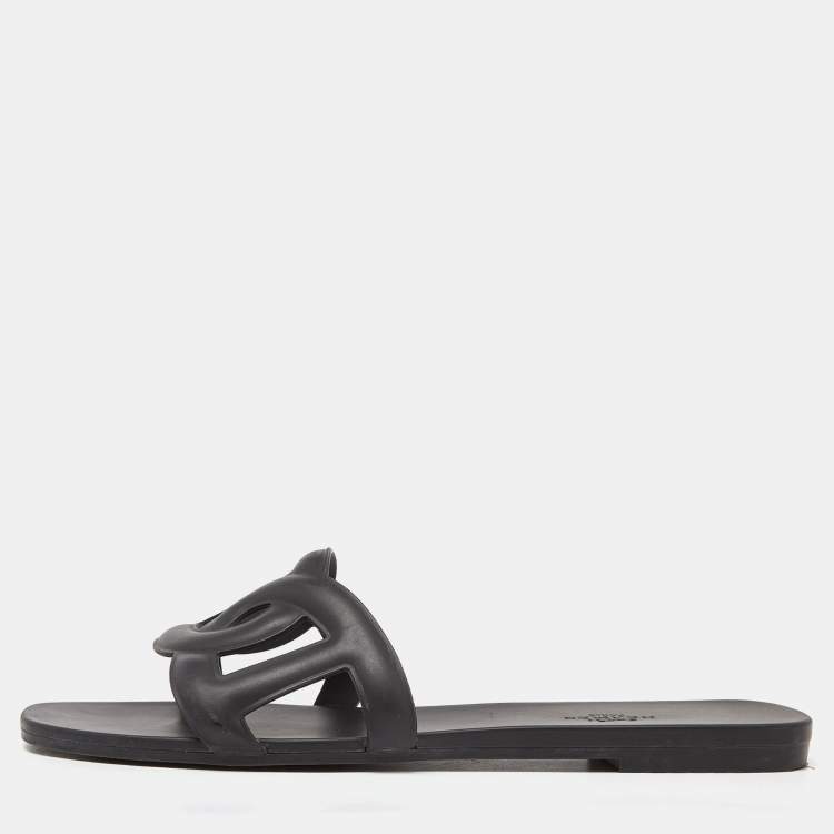 Pre Owned Hermes Black Rubber Aloha Flat Slides Size 40