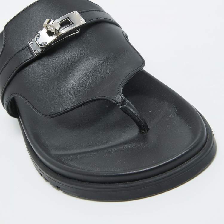 Pre Owned Hermes Black Leather Empire Thong Slides Size 37