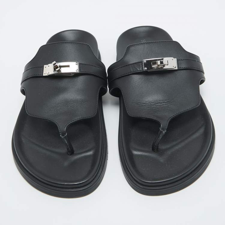 Pre Owned Hermes Black Leather Empire Thong Slides Size 37