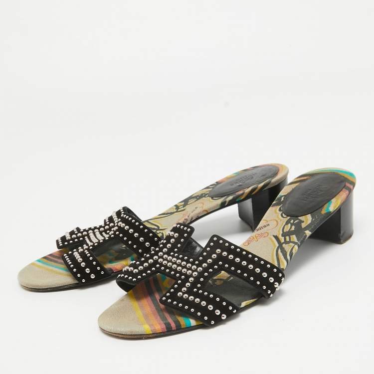 Pre Owned Hermes Black Suede Studded Oasis Slide Sandals Size 40