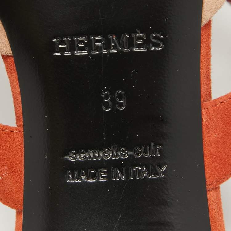 Pre Owned Hermes Beige/Orange Suede Blink Mules Size 39
