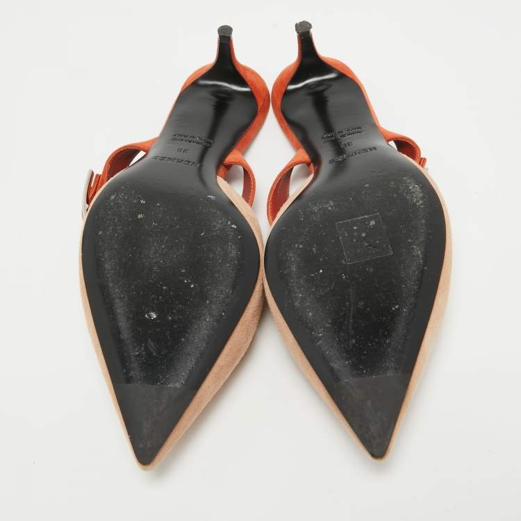 Pre Owned Hermes Beige/Orange Suede Blink Mules Size 39