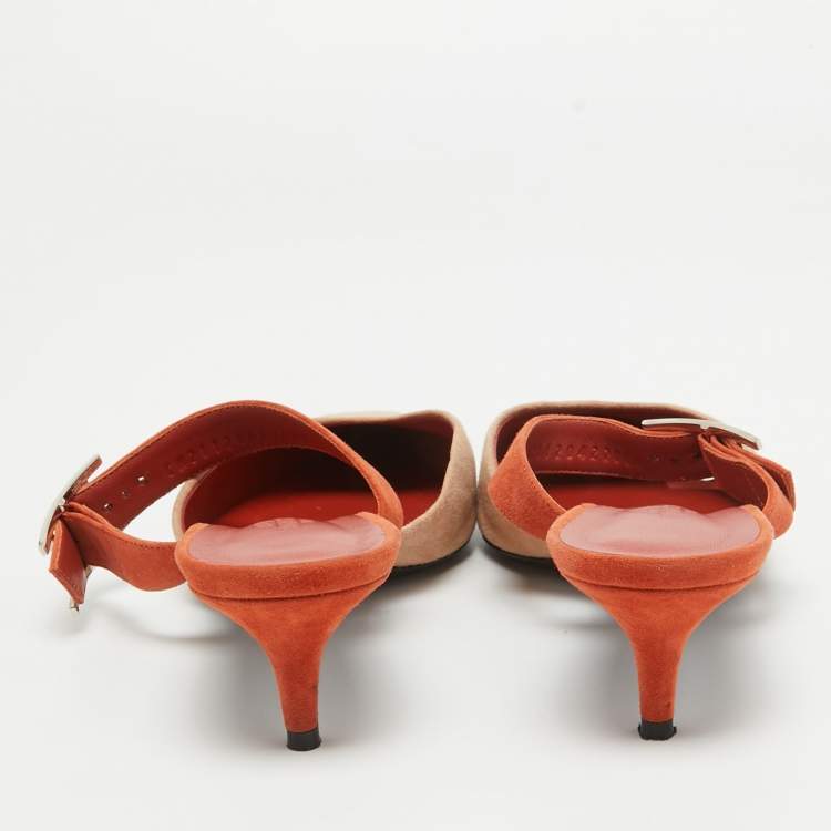 Pre Owned Hermes Beige/Orange Suede Blink Mules Size 39