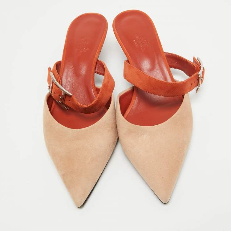 Pre Owned Hermes Beige/Orange Suede Blink Mules Size 39
