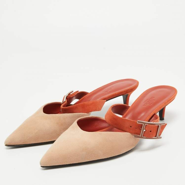 Pre Owned Hermes Beige/Orange Suede Blink Mules Size 39