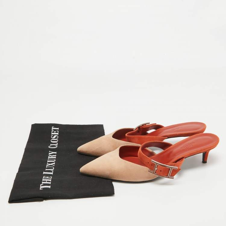 Pre Owned Hermes Beige/Orange Suede Blink Mules Size 39