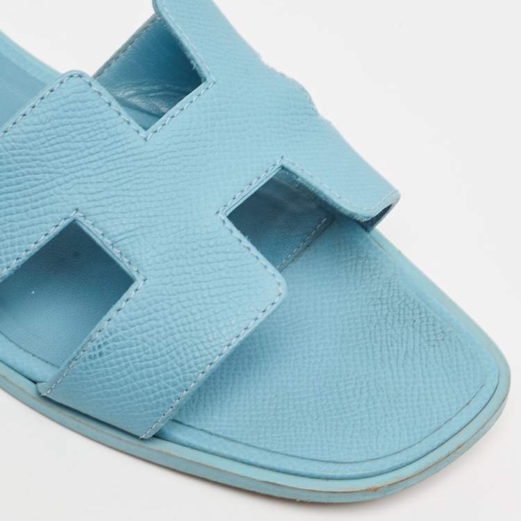 Pre Owned Hermes Blue Leather Oran Flat Slides Size 39.5