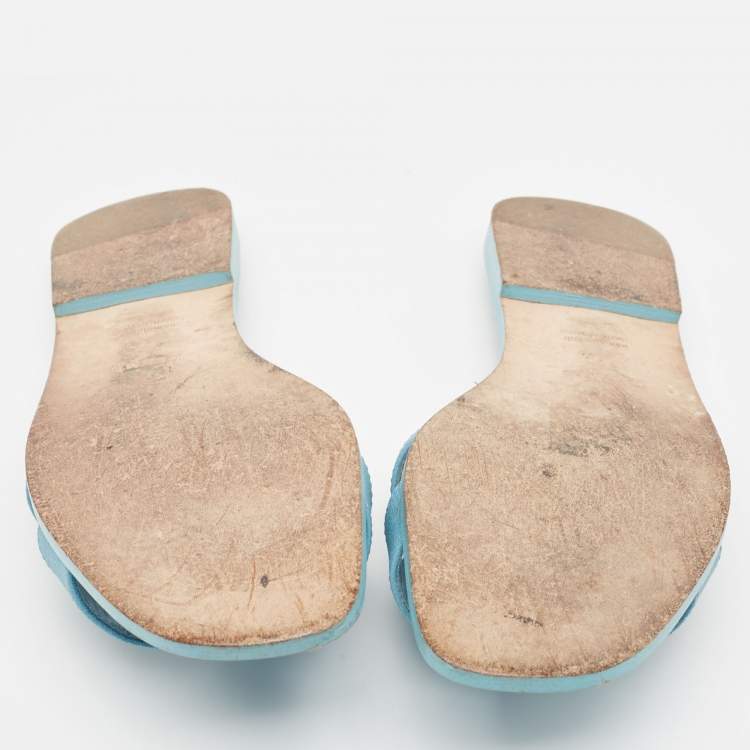 Pre Owned Hermes Blue Leather Oran Flat Slides Size 39.5