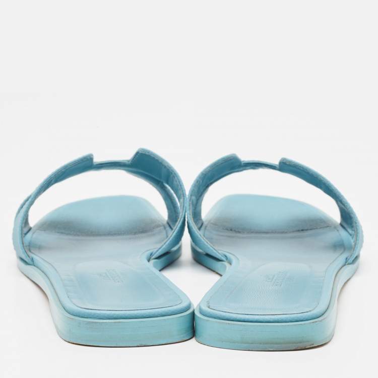 Pre Owned Hermes Blue Leather Oran Flat Slides Size 39.5