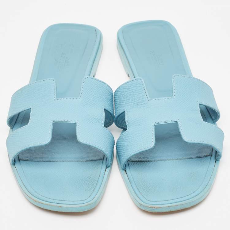 Pre Owned Hermes Blue Leather Oran Flat Slides Size 39.5