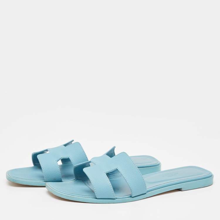 Pre Owned Hermes Blue Leather Oran Flat Slides Size 39.5