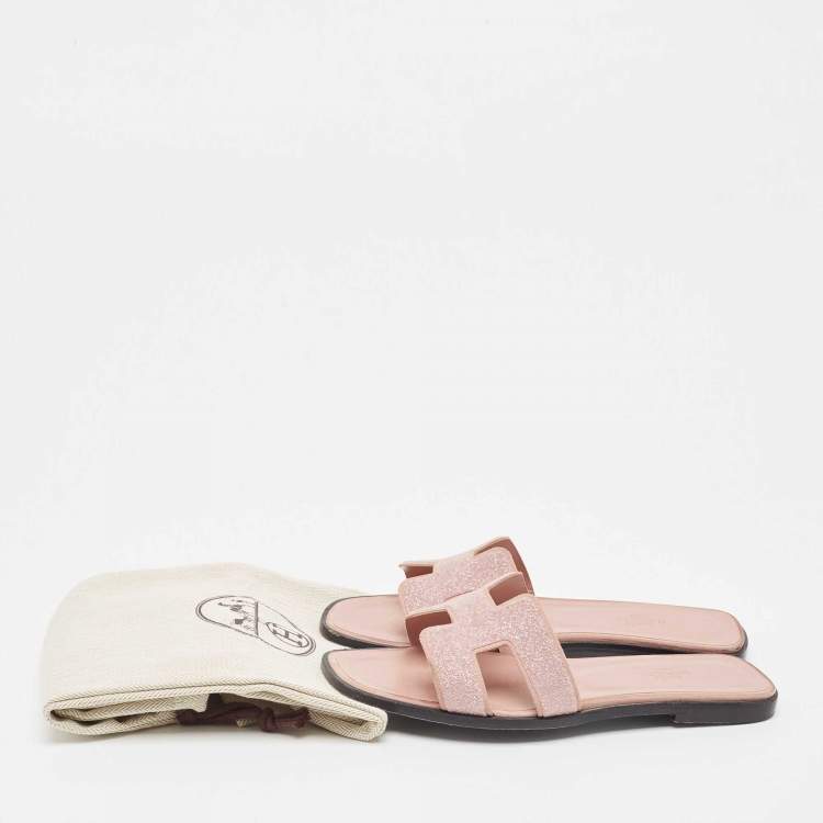 Pre Owned Hermes Pink Crystals Oran Flat Slides Size 38