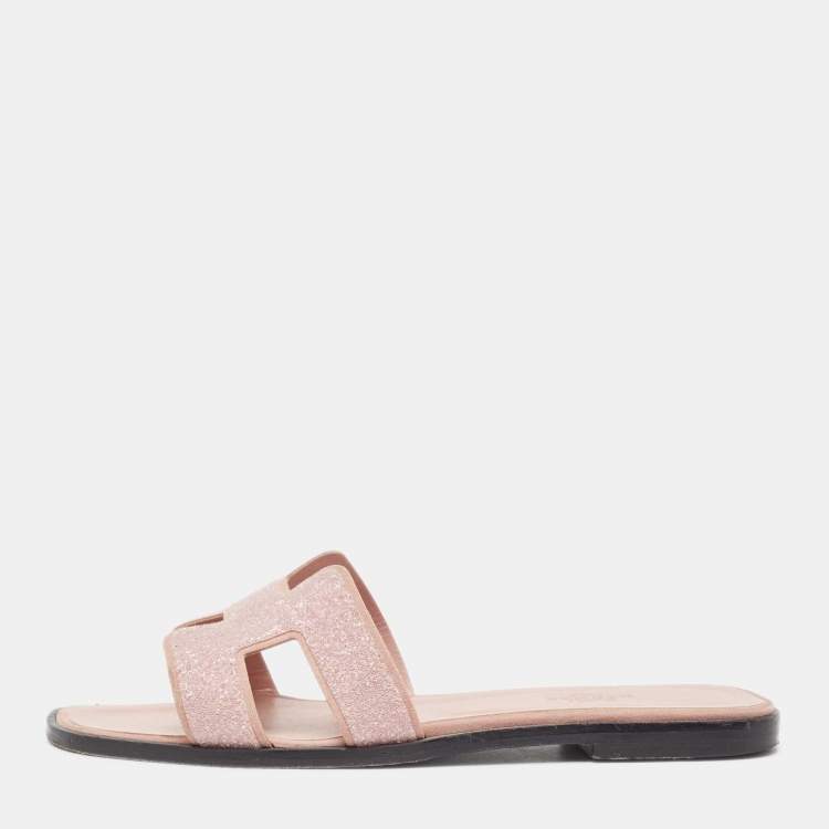 Pre Owned Hermes Pink Crystals Oran Flat Slides Size 38
