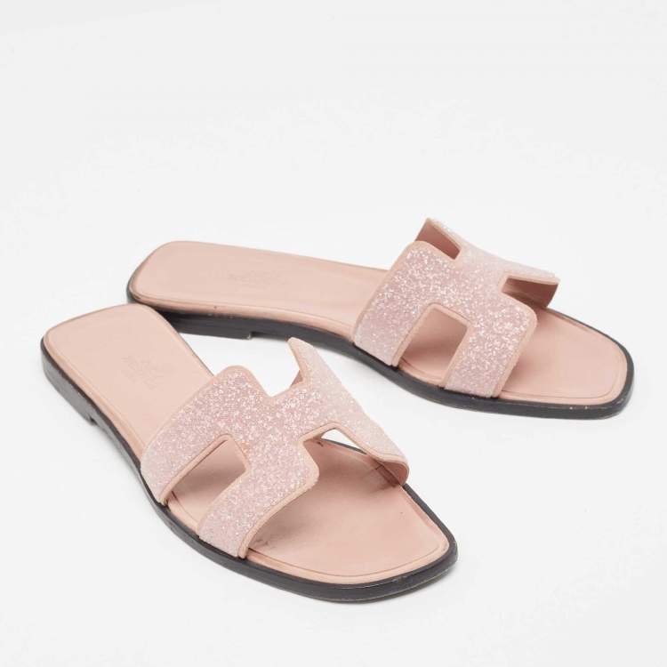 Pre Owned Hermes Pink Crystals Oran Flat Slides Size 38