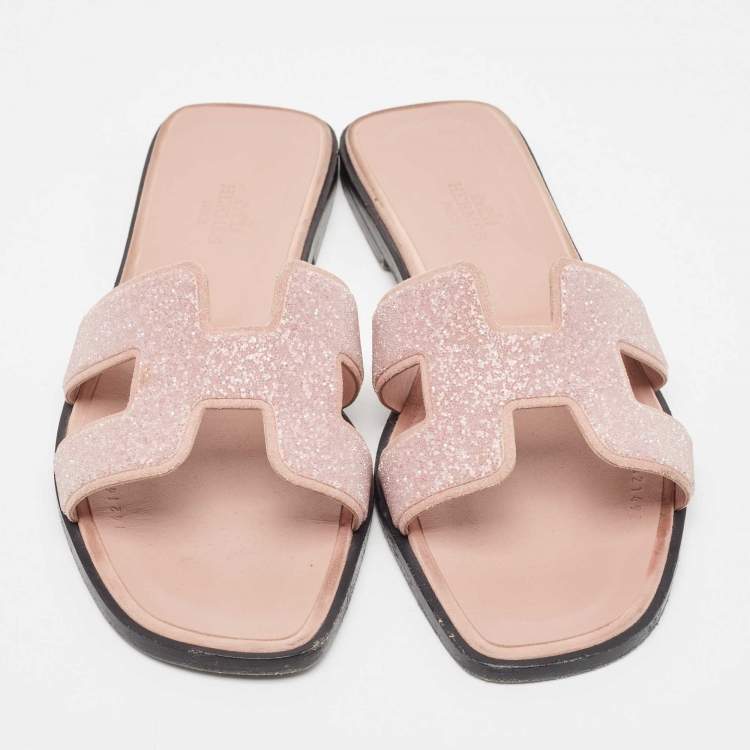 Pre Owned Hermes Pink Crystals Oran Flat Slides Size 38