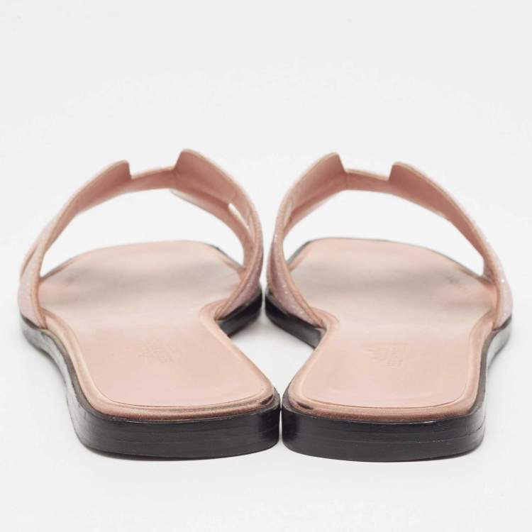 Pre Owned Hermes Pink Crystals Oran Flat Slides Size 38