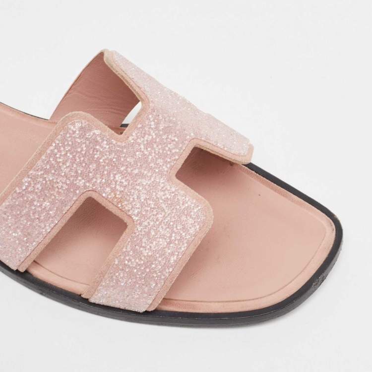 Pre Owned Hermes Pink Crystals Oran Flat Slides Size 38