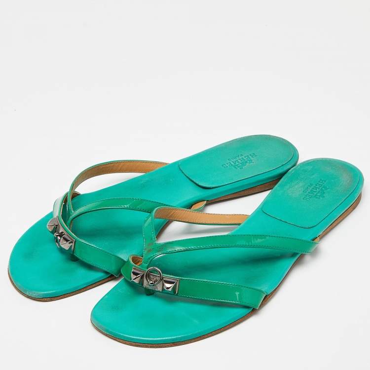 Pre Owned Hermes Green Patent Corfu Thong Flats Size 40