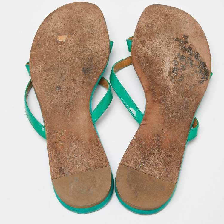 Pre Owned Hermes Green Patent Corfu Thong Flats Size 40