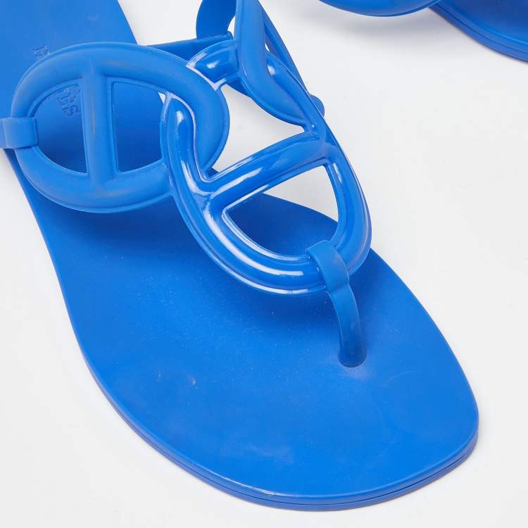 Pre Owned Hermes Blue Rubber Egerie Thong Flat Slides Size 37