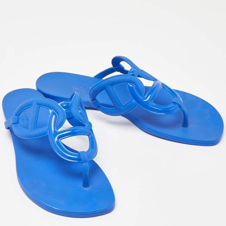 Pre Owned Hermes Blue Rubber Egerie Thong Flat Slides Size 37