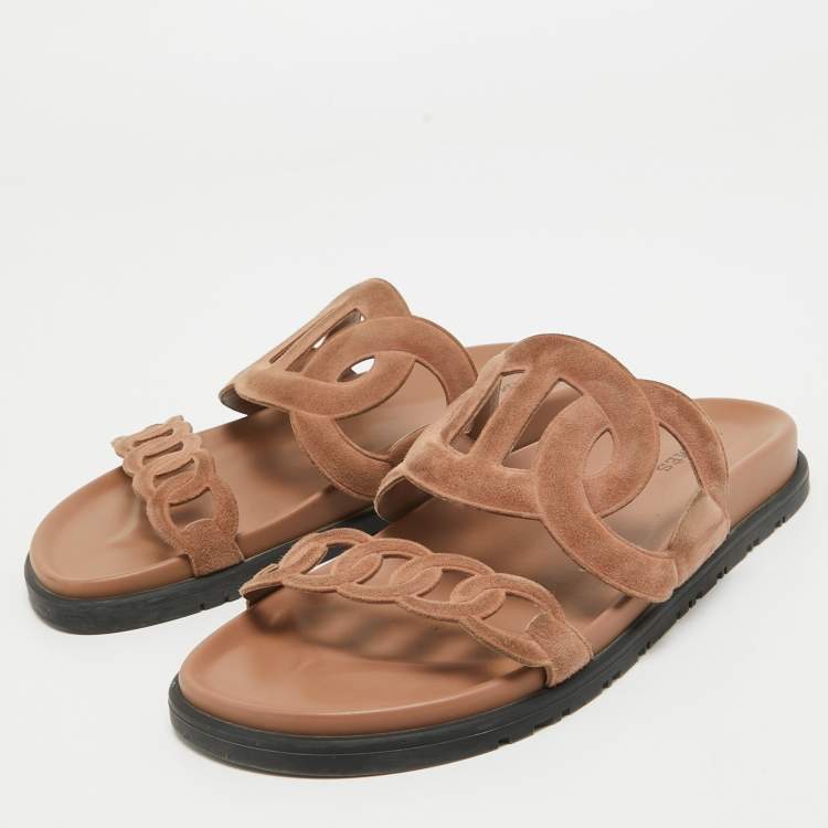 Pre Owned Hermes Brown Suede Extra Slides Size 37