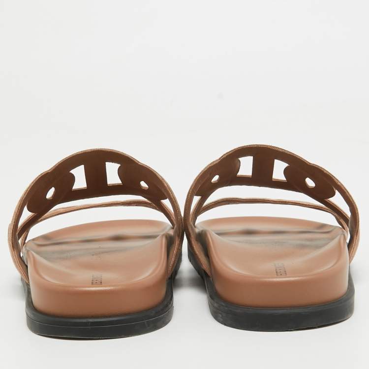 Pre Owned Hermes Brown Suede Extra Slides Size 37