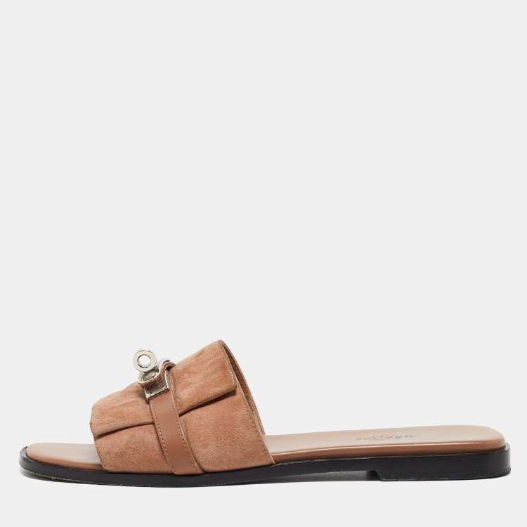 Pre Owned Hermes Light Brown Suede Giulia Flat Slides Size 38