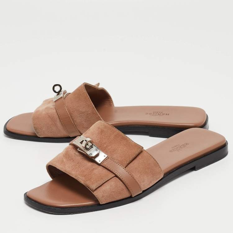Pre Owned Hermes Light Brown Suede Giulia Flat Slides Size 38