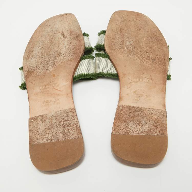 Pre Owned Hermes Green/Beige Leather and Canvas Fringe Oran Flat Slides Size 38