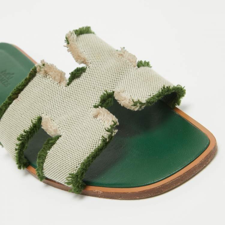 Pre Owned Hermes Green/Beige Leather and Canvas Fringe Oran Flat Slides Size 38